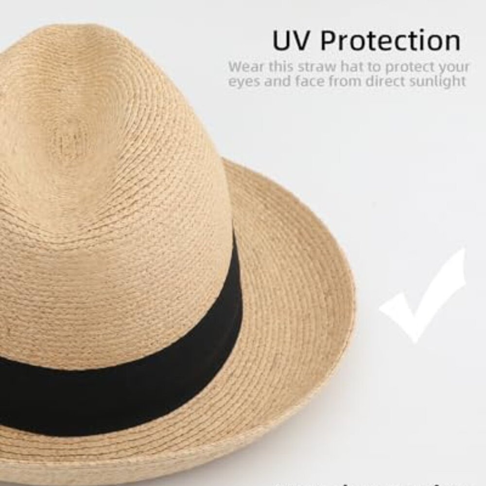 Raffia Straw Fedora Hat Packable Adjustable Class… - image 6